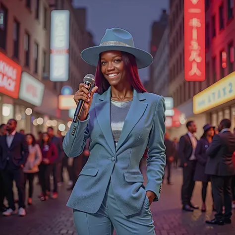 African American woman with smooth, dark skin, wearing a sleek, straight lace-front cherry plum wig with a middle part, Holding a microphone. She’s dressed in a dazzling, bling-covered blue  suit and matching bling fedora, standing confidently in a powerfu...