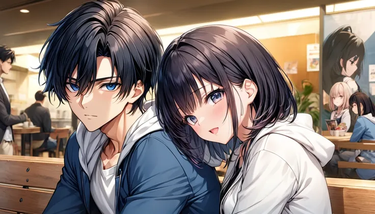 A beautiful girl is watching from behind an anime man sitting on a bench in a cafeteria looking at a job magazine, Handsome man in a white hoodie and blue jacket（Asuka）, A beautiful girl with black hair and medium-long bob hair wearing a white cardigan（Har...