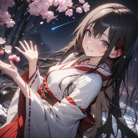 (Best Quality),(masterpiece),(Super detailed),(8k),(32K),(Perfect Anatomy),(Perfect hands),One girl、Black Eyes、Very long straight black hair,smile、(Small breasts:1.5)、Miko costume、Look Up,Snow、Cherry blossoms bloom、Night sky with moon and shooting stars、(w...