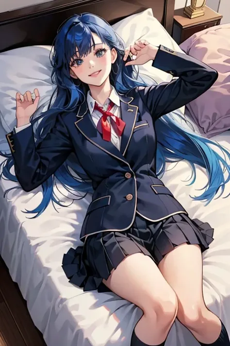 Smiling and asking for sex. Lying on her back on a pillow in a bed in a room. Beautiful girl. Average breast size. Clothes open. Blazer uniform. Black loafers. Pleated skirt. Ribbon or tie. Angled from directly above. Blue hair. Long hair. Loose socks.