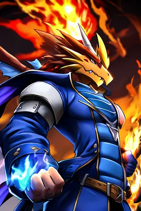 dragon fighter digimon that wears a black and blue jacket and his fists are wrapped in flames