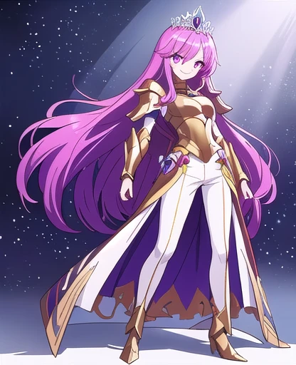 woman, human, 16 yo, princess, white skin,
standing, smiling,
very long hair, hairy hair, ((gradiant purple color hair)),
pink eyes,
light crown,
Light princess armor,
fullbody, (masterpiece), 8k, detailed face, detailed eyes, detailed hair