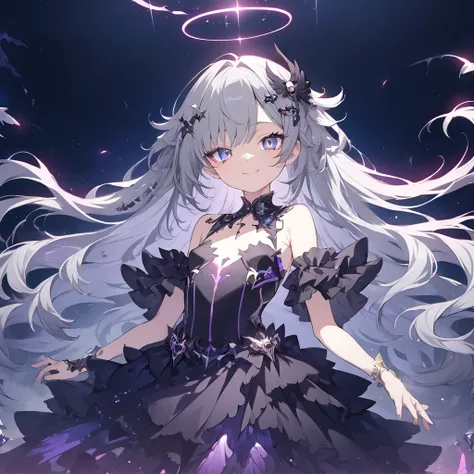 Absurd,anime,Detailed and beautiful eyes,(art),(artistic clothing:1.5),angel,gray hair,smile,(a girl:1.5),from the waist up,(small breasts:1.2),(small chest:1.2),mysterious,fallen Angel,Hello,(Large detailed hair ornament:1.2),(look away:1.5),detailed clot...