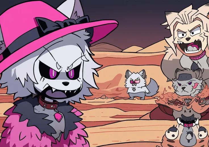 1Martian, White Tanuki Hyena Pomeranian, pale grey skin, black Medium scraggly hair with pink streaks, Circles Eye, Black slit pupils, Hyena Ear, Magenta Bowler hat, Maroon Crop Tops, Magenta Feather Boa, collar, Maroon Bow Tie, by Guillaume Renard (skchkk...