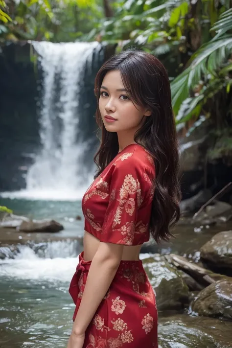 Create an authentic Filipino look with a red floral background amongst a waterfall