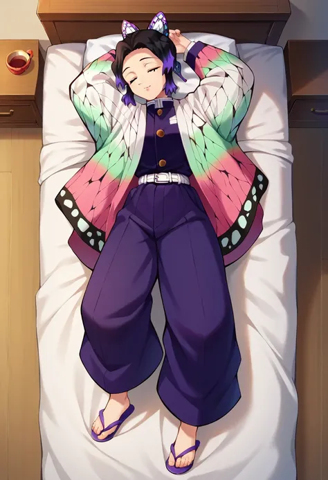 (Caucasian ethnicity)masterpiece, 4k, High quality, shinobu(Kimetsu no yaiba), Dressed in baggy purple pants, big pants, beautiful pants, At home, sleeping, He sleeps in his bed on his back, legs and arms open, spread out on the bed, lying down, dreaming a...