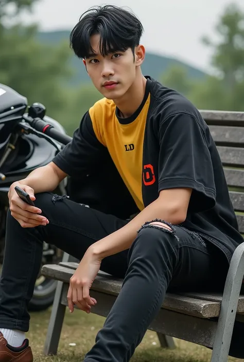 Real photo of Korean artist Jungkook from BTS,clean white body,very handsome face, badan muscle, wearing a tight black and yellow t-shirt with text written on it "LD" small red logo, wearing a black jeans jacket, wearing slightly torn black jeans, brown sp...