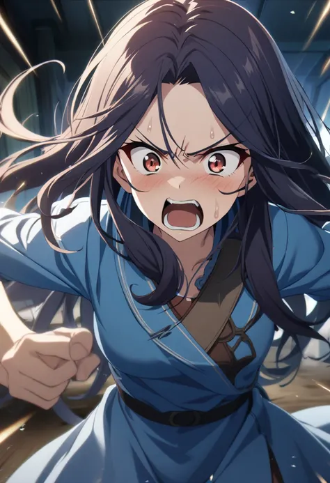 1 girl, dark blue hair, long hair, reddish brown eyes, aggressive look, open mouth, frown, aggressive and screaming expression, blue dress, CG