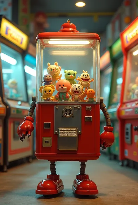 Realism classic gachapon machine ,The Gachapon machine has two arms and two legs.、Multiple figures inside，Walking through a game center，Retro，Stylish，High quality camera