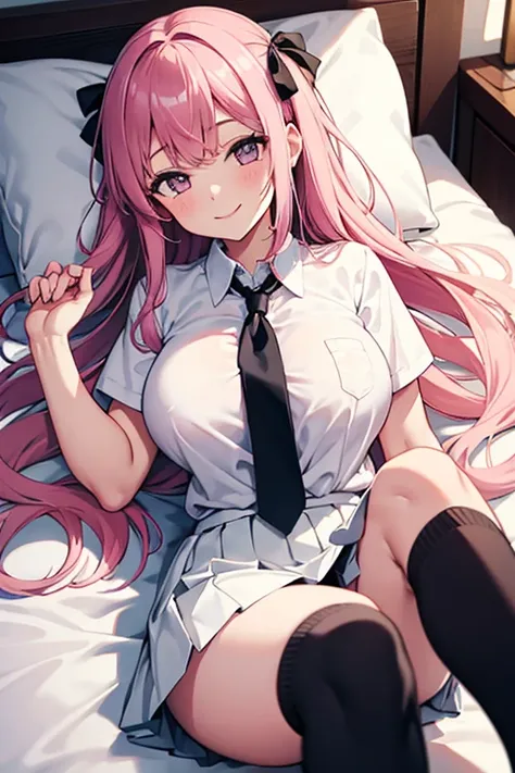 Smiling and asking for something. Lying on her back on a pillow in a bed in a room. Beautiful girl. Big breasts. Clothes open. White blouse. Black loafers. Pleated skirt. Ribbon or tie. Angled from directly above. Pink hair. Long hair. Loose socks.