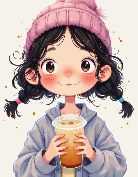 Colorful illustration：Vector Art，Messy纹理，Rough texture，Childish Art，Folk Art，A painting，Pastel Art：Cute girl portrait，Holding milk tea cup，Alone，Cute expression，Big eyes，cold，Cartoon Speed，Messy