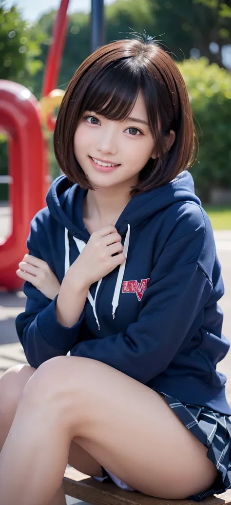 One beautiful girl, Sitting, Knees to chest, Hug your legs, From the side, (Cropped hoodie, Navy blue pleated micro mini skirt:1.3), (18 years old:1.3), break, (Park playground equipment background), break, Shy laugh, baby face, Very beautiful eyes, (Symme...