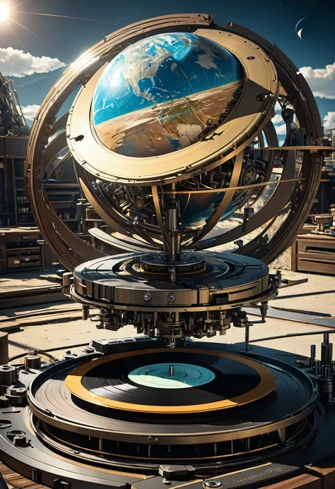 conceptual installation art, heliocentric theory, mechanical machines, ancient technological turntable made of pistons, cylinders and gears under the earth globe, the moon model nearby, and huge, motionless sun model in the distance, various effects, delic...