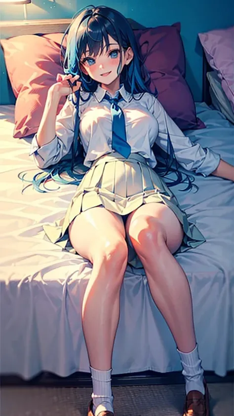 Smiling, lying on her back on a pillow in a bed in a room, beautiful girl, big breasts, open clothes, white blouse, black loafers, pleated skirt, ribbon or tie, angle from directly above, blue hair, long hair, loose socks