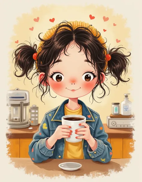 Colorful illustration：Vector Art，Rough texture，Childish Art，Folk Art，A painting，Pastel Art：Portrait of cute girl in cafe，，Holding milk tea cup，Alone，Cute expression，Cartoon Speed，Messy hair