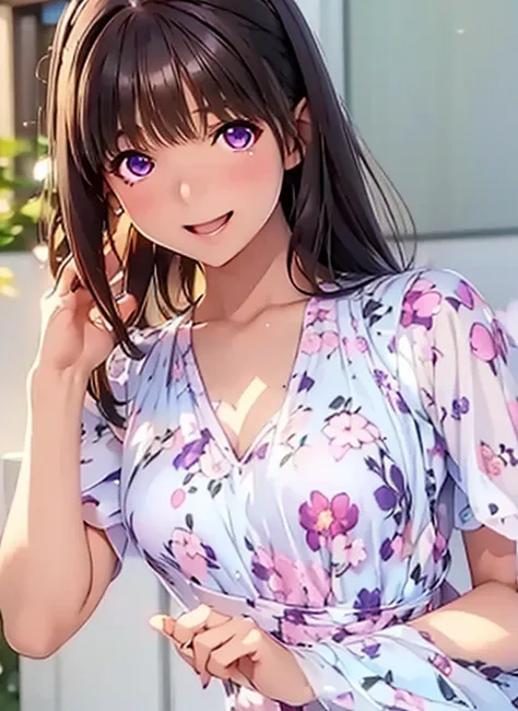 High resolution,In 8K,Best Quality,detailed,Semi-realistic anime,3D anime style,Smooth anime CG,One Girl,19 year old Japanese woman,slim,Modeling,Shiny brown hair,Medium Hair,detailedな顔,Beautiful and detailed,Glowing Skin,((Floral Dress)),Disheveled Hair,A...