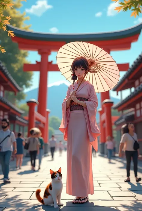 In front of the Kaminarimon Gate at Sensoji Temple in Asakusa、Rear view of a woman in a kimono holding an umbrella、Cute calico cat at your feet、The woman is beautiful and has a sharp face.、Summer Clear々A lovely morning、The dress is pale pink、