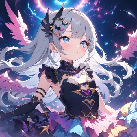 Absurd,anime,Detailed and beautiful eyes,(art),(artistic clothing:1.5),angel,gray hair,smile,(a girl:1.5),from the waist up,(small breasts:1.2),(small chest:1.2),mysterious,fallen Angel,Hello,(Large detailed hair ornament:1.2),(look away:1.5),detailed clot...