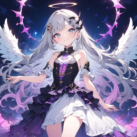 Absurd,anime,Detailed and beautiful eyes,(art),(artistic clothing:1.5),angel,gray hair,smile,(a girl:1.5),from the waist up,(small breasts:1.2),(small chest:1.2),mysterious,fallen Angel,Hello,(Large detailed hair ornament:1.2),(look away:1.5),detailed clot...