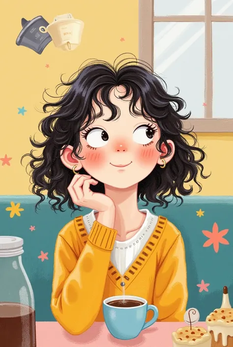 Colorful illustration：Vector Art，Rough texture，Childish Art，Folk Art，A funny cartoon，Pastel Art：Portrait of a girl daydreaming in a cafe，Alone，Cute expression，Cartoon Speed，Messy hair