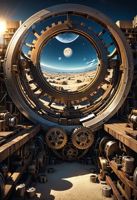 conceptual installation art, heliocentric theory, mechanical machines, ancient technological rotating machines made of pistons, cylinders and gears under the earth, the moon nearby, and huge, motionless sun in the distance, various effects, delicate and dy...