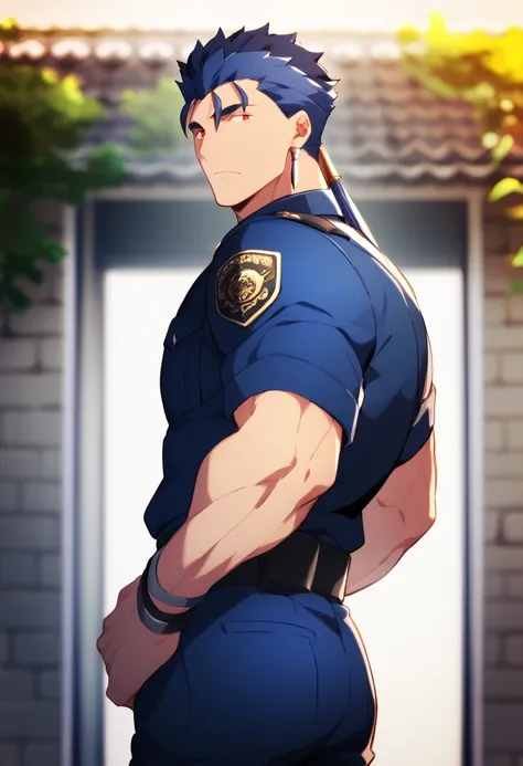 cu chulainn lancer blue dressed as a muscular police officer with red anime eyes with a flirtatious look showing a little butt