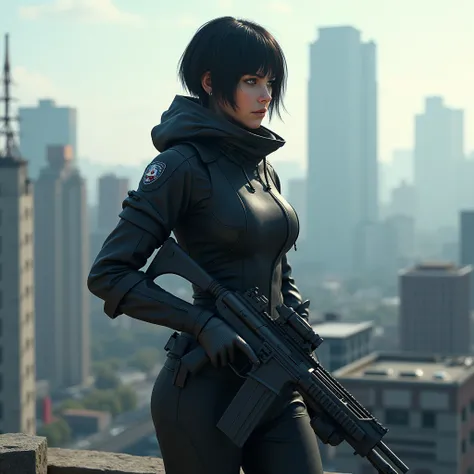  (best quality,4K,8k,highres,masterpiece:1.2),ultra-detailed,(realistic,photorealistic,photo-realistic:1.37, killer girl,short black hair,killer clothes,roof top,head up:1.37),full body, bright eyes, (holding a sentry gun 12 )