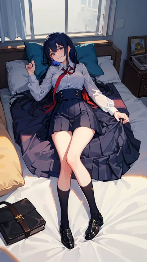 Smiling, lying on her back on a pillow in a bed in a room, beautiful girl, big breasts, open clothes, white blouse, black loafers, pleated skirt, ribbon or tie, angle from directly above, blue hair, long hair, loose socks