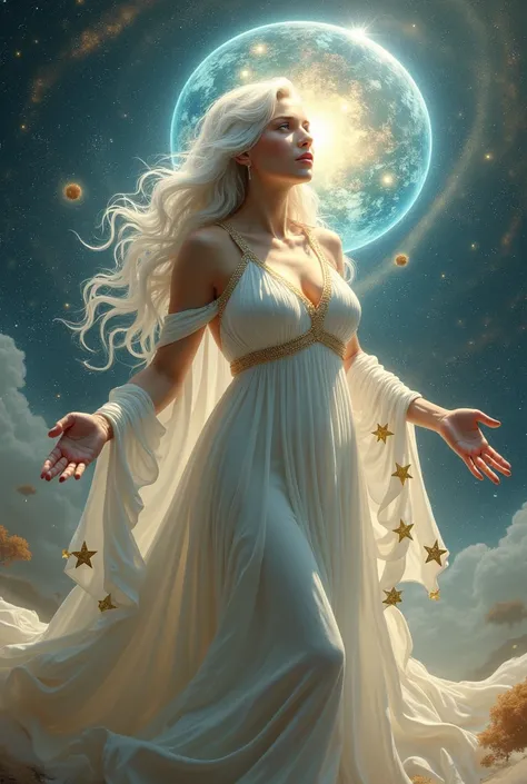 (the highest quality,4k,8k,high resolution,masterpiece:1.2),super detailed, a mature woman, long hair, big breasts, full body, cosmic powers, long white dress with golden stars, hugging planet earth,, white hair, tender countenance,