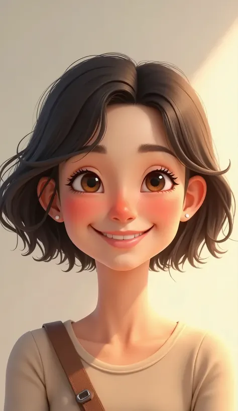 A cute, short-haired, middle-aged female character with a pretty smile and squinted eyes
