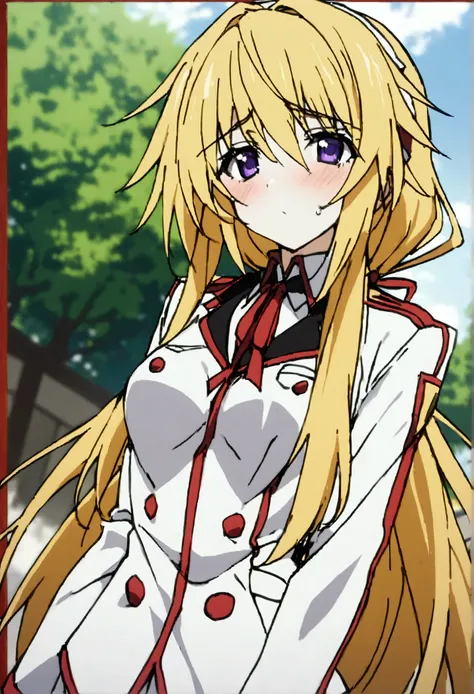 NSFW,masterpiece,Best Quality,High resolution,Very detailed,Charlotte Dunois(Infinite Stratos),Long Hair、Blonde Hair、ribbon、Purple Eyes、ponytail、ヘアribbon、Student Uniform、ribbon、青いribbon、Long sleeve、Red border、uniform、uniform、白いuniform