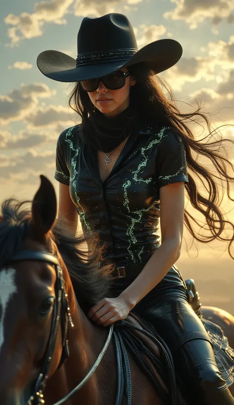 Hair: Long, thick waves of dark hair, flowing freely under the brim of her hat, with strands intentionally messy, adding a rebellious edge. Some strands may cascade over her face, enhancing the rugged cowgirl aesthetic.

Makeup: Futuristic makeup with shim...