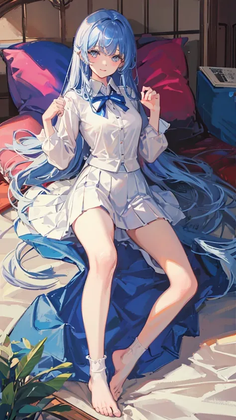 Smiling, lying on her back on a pillow in a bed in a room, beautiful girl, big breasts, open clothes, white blouse, wearing, pleated skirt, ribbon or tie, angle from directly above, blue hair, long hair, bare feet, loose socks