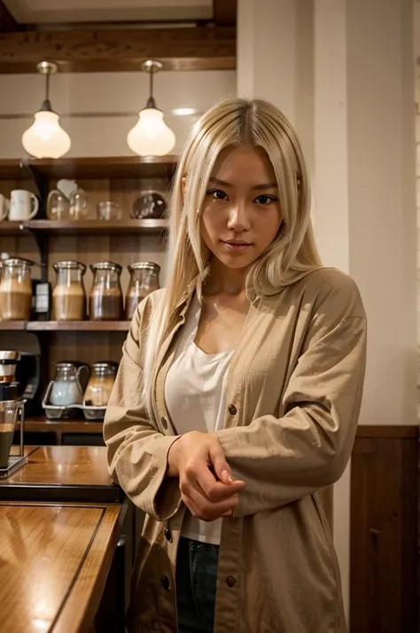 Create a Japanese Young Woman with Platinum Blonde Hair in a Coffee Shop. She just got her coffee and she is wearing rather comfortable clothes. She literally beamed when she got the coffee.