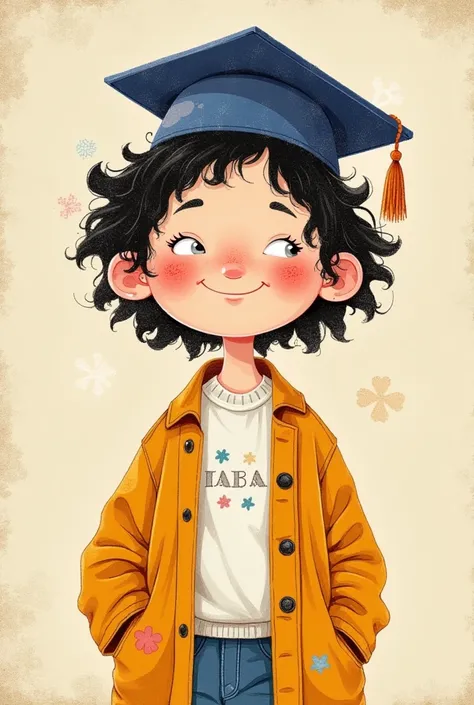 Colorful illustration：Vector Art，Rough texture，Childish Art，Folk Art，A funny cartoon，Pastel Art：Wearing a bachelor&#39;s hat，Alone，Cute expression，Cartoon Speed，Messy hair