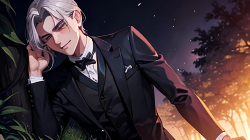 A mysterious man, of impeccable beauty, leaning against a tree in the shade, watching the party from a distance. He wears elegant, dark clothes that clash with the simplicity of the place.. Your eyes are piercing, and the smile is charming, but sinister. T...