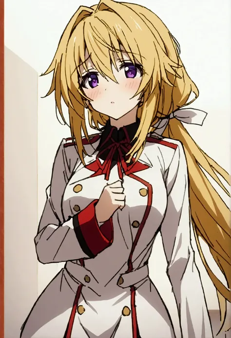 NSFW,masterpiece,Best Quality,High resolution,Very detailed,(One girl),Charlotte Dunois(Infinite Stratos),Long Hair、Blonde Hair、ribbon、Purple Eyes、ponytail、ヘアribbon、Student Uniform、ribbon、青いribbon、Long sleeve、Red border、uniform、uniform、白いuniform,School