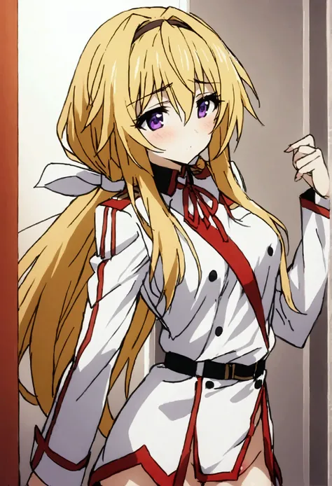 NSFW,masterpiece,Best Quality,High resolution,Very detailed,(One girl),Charlotte Dunois(Infinite Stratos),Long Hair、Blonde Hair、ribbon、Purple Eyes、ponytail、ヘアribbon、Student Uniform、ribbon、青いribbon、Long sleeve、Red border、uniform、uniform、白いuniform,School