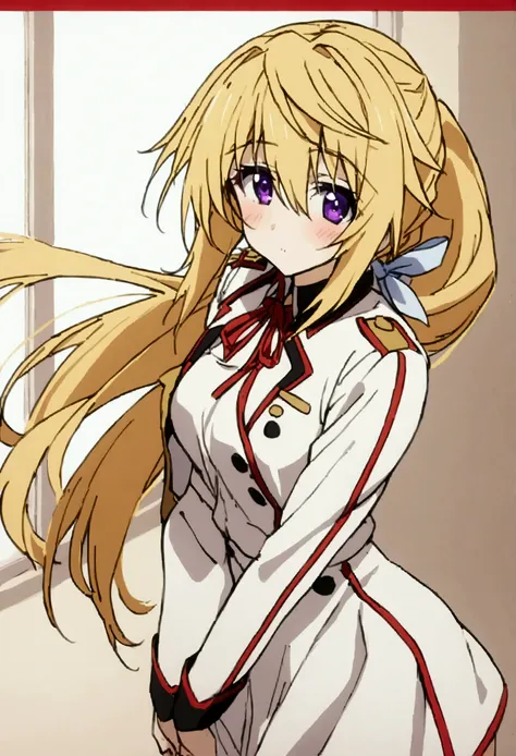 NSFW,masterpiece,Best Quality,High resolution,Very detailed,(One girl),Charlotte Dunois(Infinite Stratos),Long Hair、Blonde Hair、ribbon、Purple Eyes、ponytail、ヘアribbon、Student Uniform、ribbon、青いribbon、Long sleeve、Red border、uniform、uniform、白いuniform,School