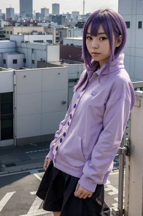 A Japanese young woman with pastel purple hair. It stands on a building overlooking Tokyo. She is wearing warmer clothes and therefore you can not see her athletic figure. She is easily underestimated because she always radiates friendliness