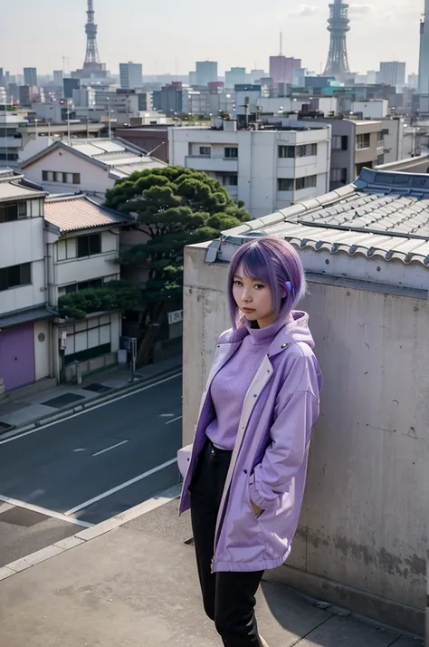 A Japanese young woman with pastel purple hair. It stands on a building overlooking Tokyo. She is wearing warmer clothes and therefore you can not see her athletic figure. She is easily underestimated because she always radiates friendliness