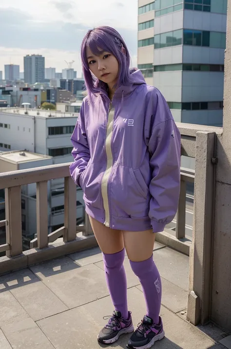 A Japanese young woman with pastel purple hair. It stands on a building overlooking Tokyo. She is wearing warmer clothes and therefore you can not see her athletic figure. She is easily underestimated because she always radiates friendliness