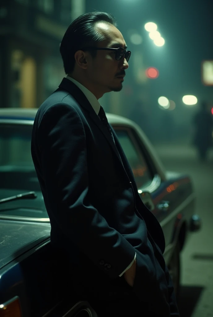 cinematography, realistic, retro, film grain, Wong Kar-wai, dark lighting, Alone, a middle aged man in a black suit and black sunglasses, stern expression, hand in pocket, he leaned against a car, blurry, bokeh effect