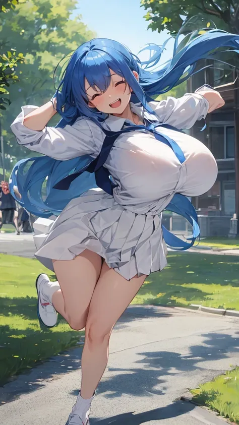 Laughing so hard she closes her eyes Running in the park Beautiful girl Big breasts Clothes open White blouse Pleated skirt Ribbon or tie Front angle Blue hair Long hair Wearing white loose socks