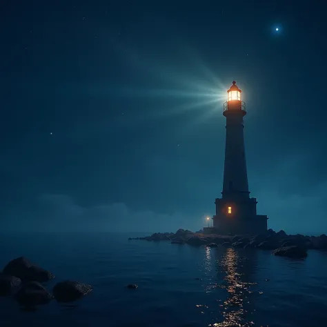 Lighthouse, At night by the seaside, the beam of light from the lighthouse shines in harmony with the starry sky, creating a peaceful and mysterious scene. The colors are mainly dark blue of the night sky and warm tones of the lighthouse, and the light and...