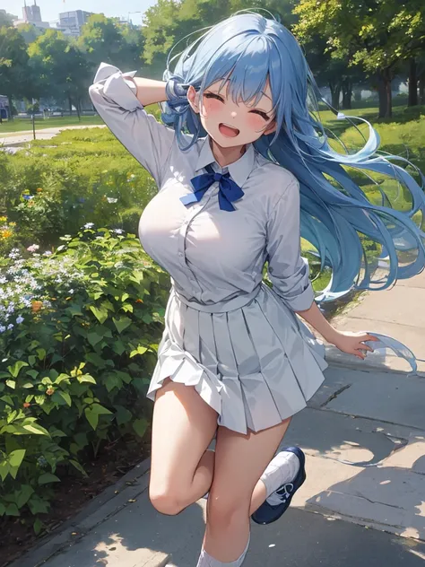 Laughing so hard she closes her eyes Running in the park Beautiful girl Big breasts Clothes open White blouse Pleated skirt Ribbon or tie Front angle Blue hair Long hair Wearing white loose socks