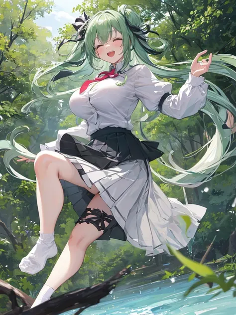 Laughing so hard she closes her eyes Running in the park Beautiful girl Big breasts Clothes open White blouse Pleated skirt Ribbon or tie Front view Greenish hair Long hair Wearing white loose socks