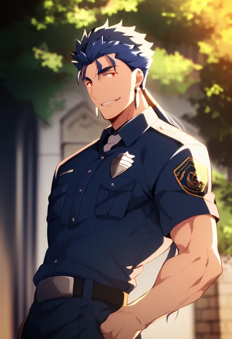 cu Chulainn Lancer blue police uniform with good little muscular body with red eyes anime with a flirtatious smile.