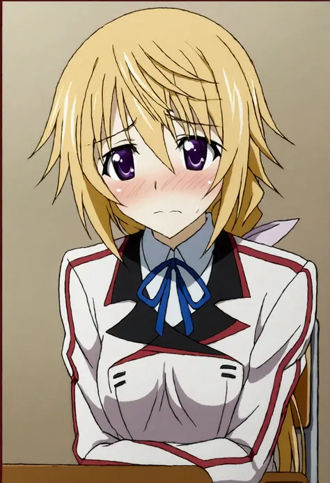 NSFW,masterpiece,Best Quality,High resolution,Very detailed,(One girl),Charlotte Dunois(Infinite Stratos),Long Hair、Blonde Hair、ribbon、Purple Eyes、ponytail、ヘアribbon、Student Uniform、ribbon、青いribbon、Long sleeve、Red border、uniform、uniform、白いuniform,School,cla...