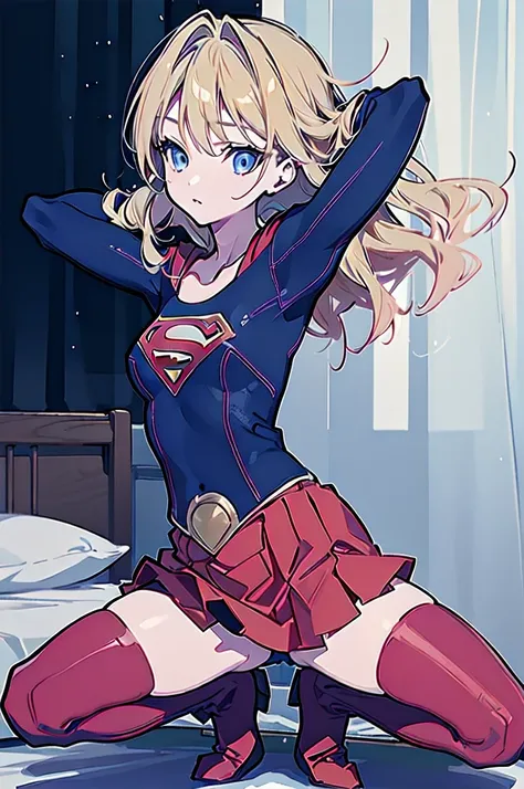 (whole body),Big Booty Goth Girl, Medium Chest,  ((Squat,Spread your legs, Place your arms behind your head)),Anime Style，3D Rendering,( supergirl)，blonde，Long Hair，blue eyes，Thick thighs，Red Skirt，The skirt is short,，You can see the blue leotard under the...